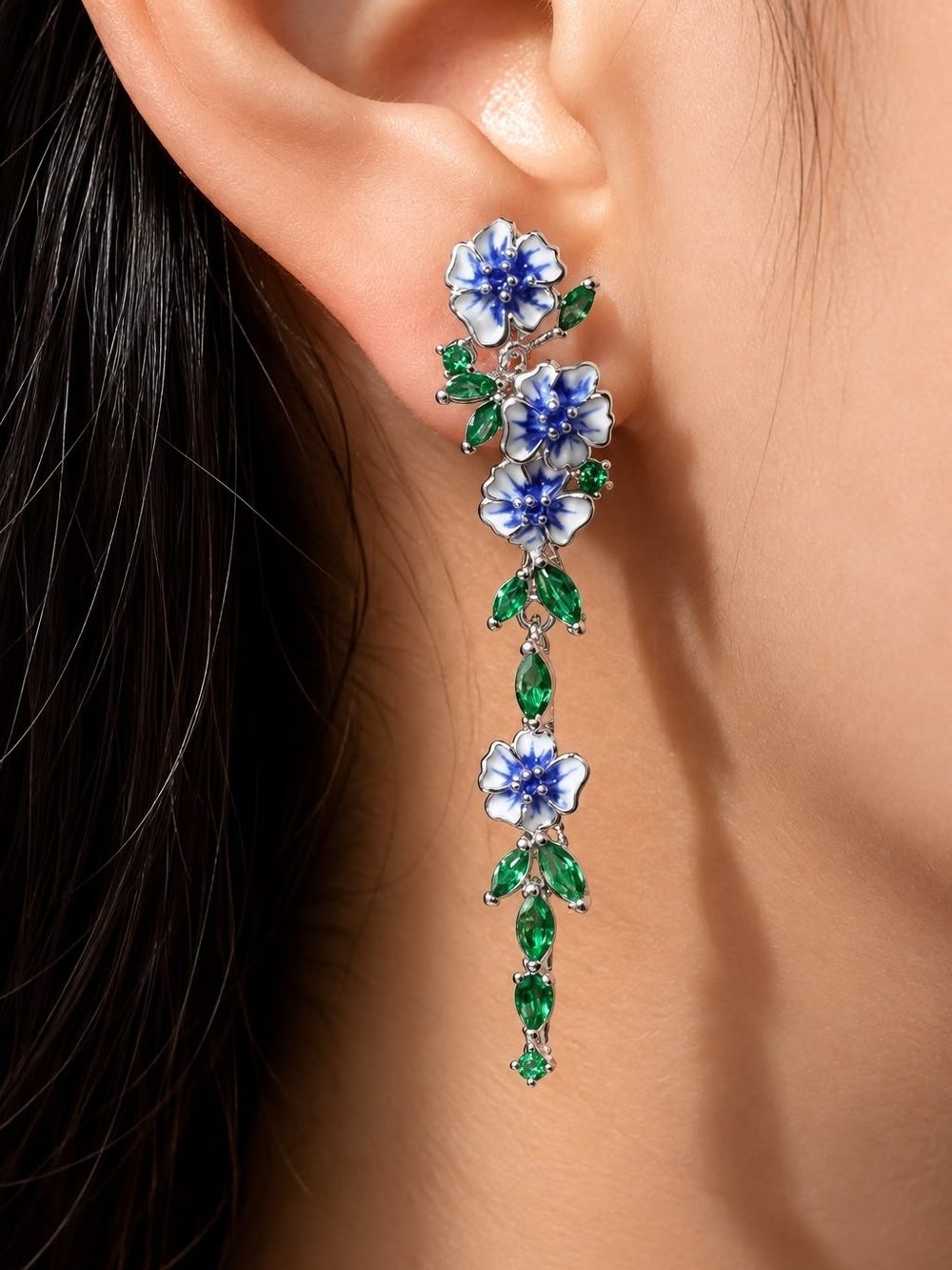 Blue and Green Floral Drop Earrings - Women Jewelry